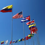 Flag of North American and Caribbean countries in a semi-circle and blowing in the wind