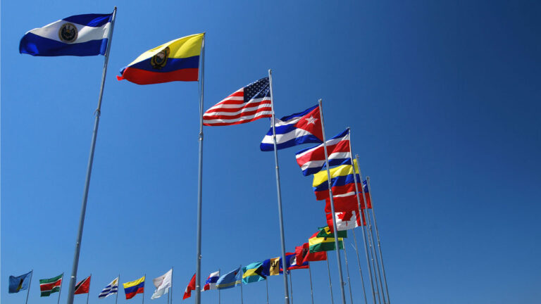 Flag of North American and Caribbean countries in a semi-circle and blowing in the wind