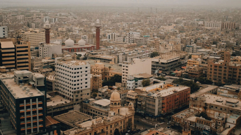 Panoramic view of city with many buildings