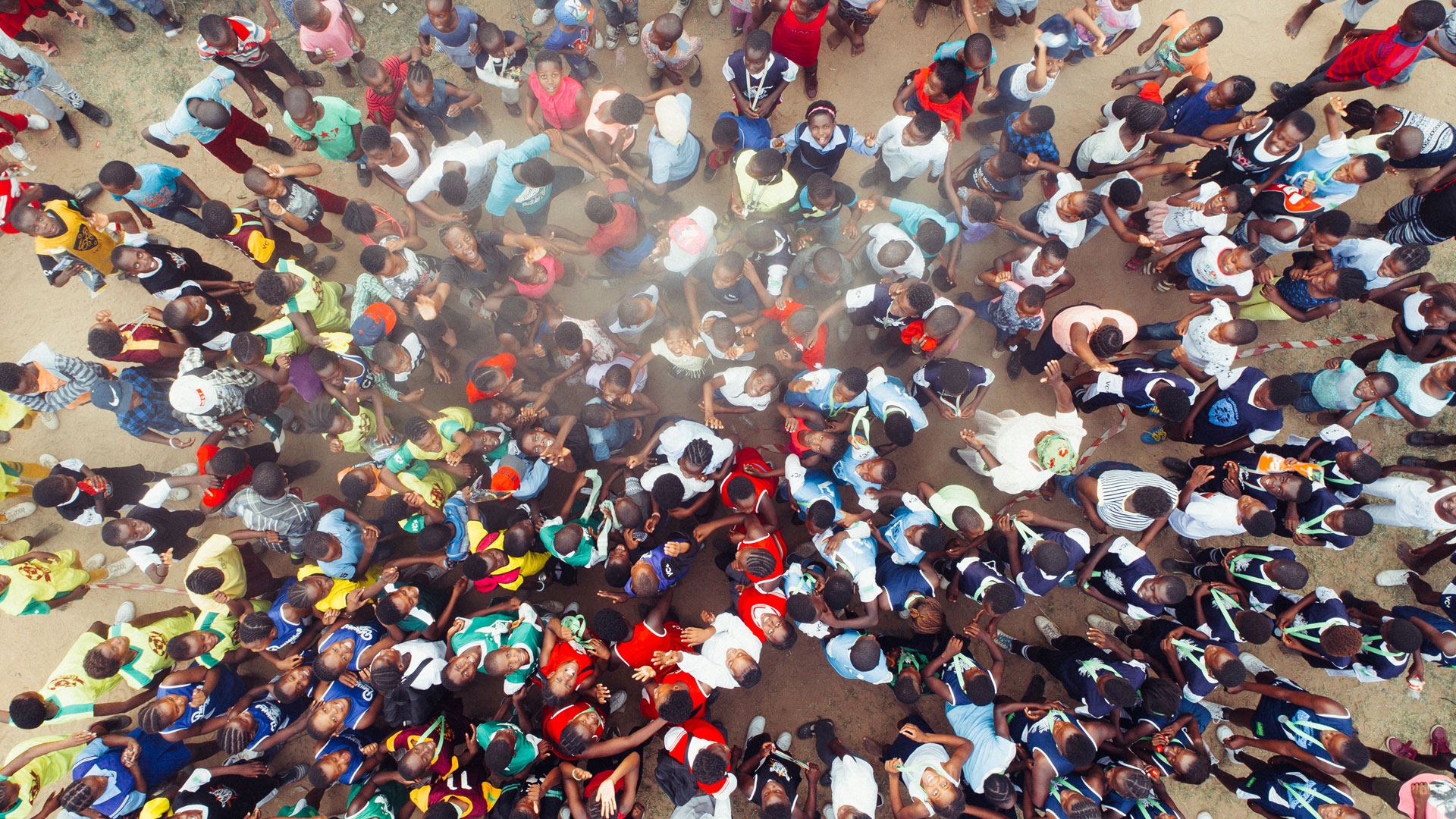 Aerial shot of a group of children