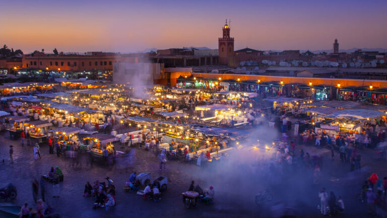 Vantage point view of a market at dusk