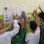 A group of students in a classroom with their hands up